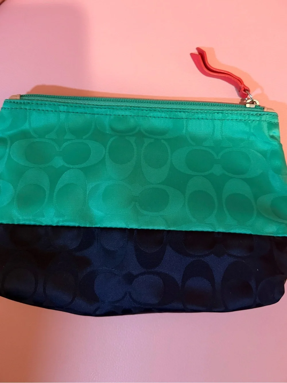 Coach Two-Tone Teal & Navy Signature Cosmetic Pouch with Red Zip Pull